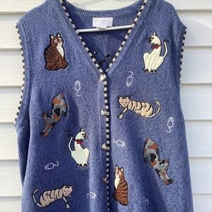 Hand Embroidered Cat Sweater Vest Christopher & Banks XL Mouse Siamese Size XL